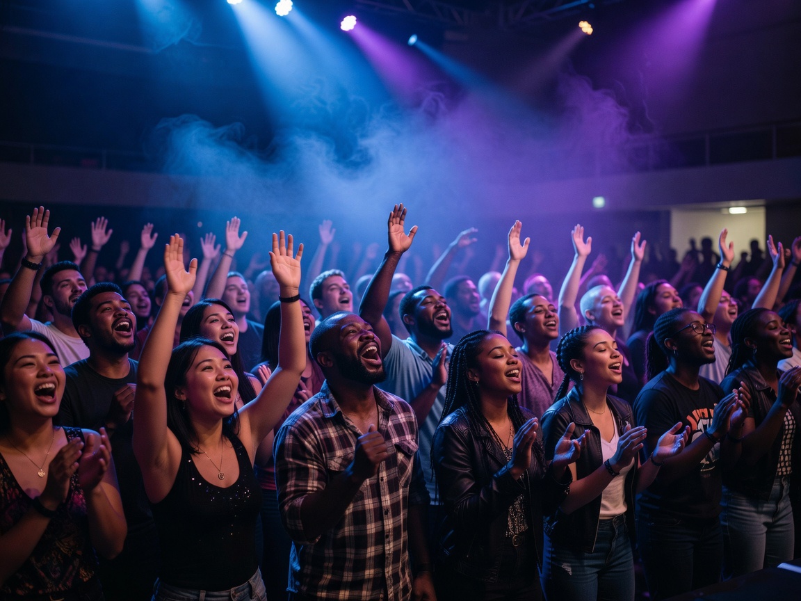 Audience members enjoying a live concert under atmospheric lighting