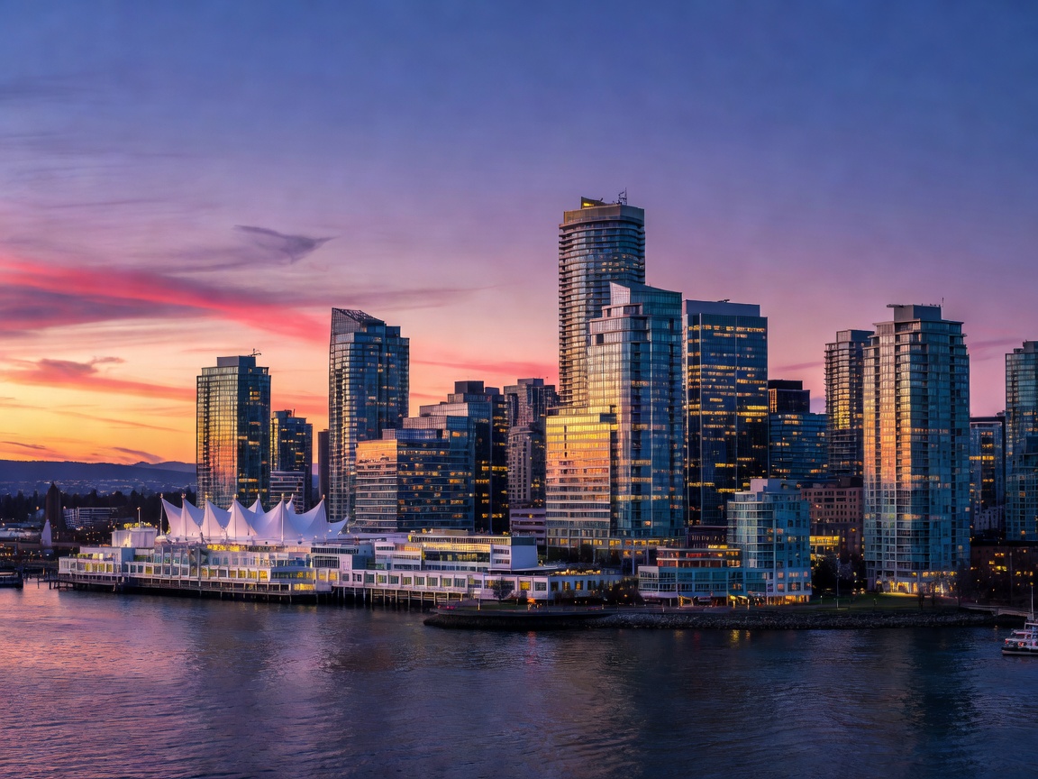 Downtown Vancouver skyline at dusk featuring modern architecture