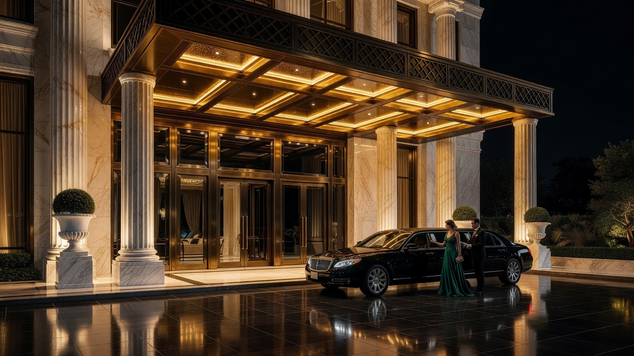 Sophisticated illuminated luxury hotel entrance at night