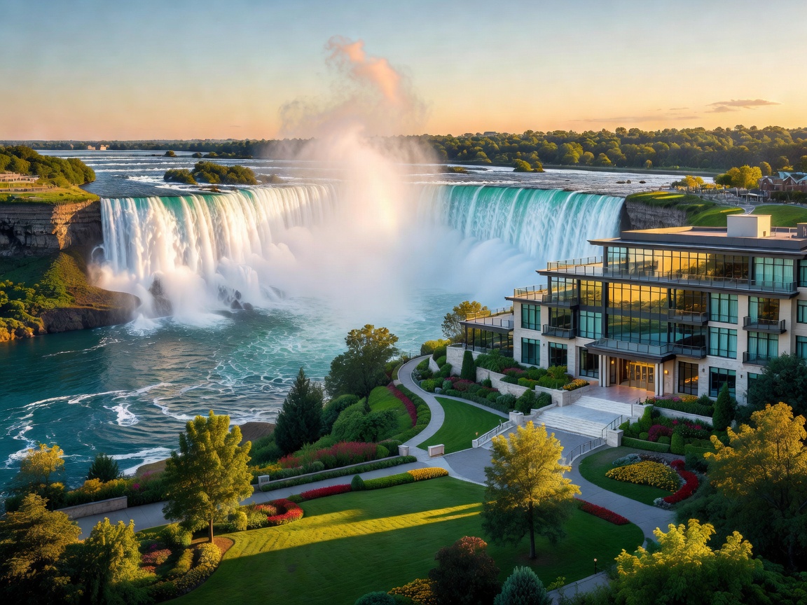 Spectacular view of Niagara Falls adjacent to a luxury hotel property