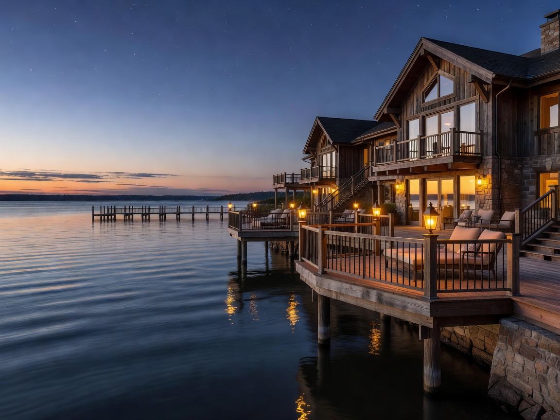Waterfront resort setting in the evening light