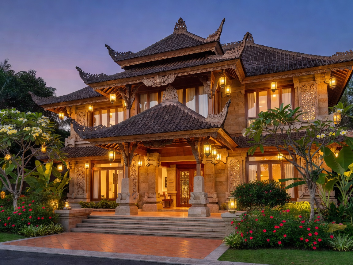 Welcoming hotel facade highlighting cultural architecture and warm lighting